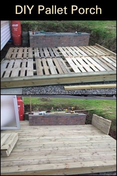 the pallet porch is made with wood and bricks