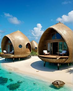 two beach huts are sitting on the sand