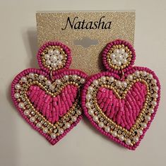 New! Natasha Beaded Heart Earrings In Hot Pink And Gold Plus Faux Pearls. Beaded Heart Earrings, Hot Pink And Gold, Pink Statement Earrings, Pink Drop Earrings, Filigree Hoop Earrings, Black Drop Earrings, Shiny Earrings, Beaded Heart, Gemstone Drop Earrings