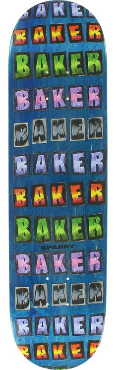 an oven mitt with the words baker written in multicolored letters on it