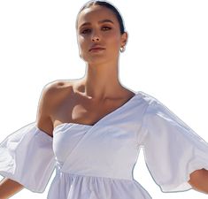 Serve it-girl vibes all summer long with our Sula Mini Dress! Featuring an asymmetric neckline, off one shoulder puff sleeve design, overlap detail at the bust and an empire waist with gathering, this pretty mini was made to be seen in at those upcoming day parties, celebrations and more. Team it with mules, hoops and add a mini handbag for the perfect party look!Product Details   Invisible side seam zipperOff one shoulder puff sleeve with elastic cuffAsymmetric necklineOverlap detail on the bus White One-shoulder Dress For Summer Brunch, White One Shoulder Ruched Dress, White One Shoulder Dress For Spring Brunch, Feminine One Shoulder Mini Dress For Summer, White One Shoulder Dress For Date Night, Summer One-shoulder Ruched Top For Night Out, Ruched One-shoulder Top For Night Out In Summer, Summer Ruched One Shoulder Top For Night Out, Feminine One Shoulder Summer Party Dress