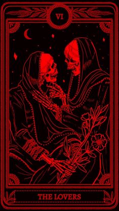 the lovers tarot card with two skeletons holding each other's hands, in red ink