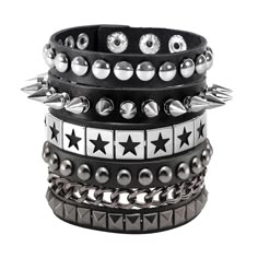 PRICES MAY VARY. Spike Bracelet Set: 4 Pcs Spike cuffs for you, this sophisticated silver color studded bracelet set is sure to fit. Enjoy, look cool, stylish, and be free! Size Details: Adjustable length from 7 inch to 8. 5";You can adjust the size by changing the snap button place. Handmade Leather Bracelet: All the metal spike are carefully selected, manually installed and manufactured, sturdy and durable without worrying about quality issues. Don't need to worry about the quality issues. Got Scene Bracelets, Emo Accessories, Masculine Jewelry, Spiked Jewelry, Studded Bracelet, Spike Bracelet, Metal Spikes, Punk Accessories, Handmade Leather Bracelets