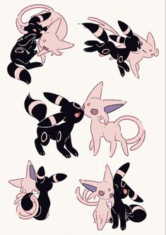 some very cute little pokemons in different positions on a white background with black and pink colors