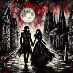 two people are walking down the street in front of a full moon and gothic buildings