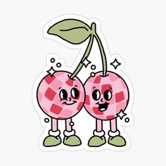 two cartoon cherries with faces and hands, one has a leaf on its head