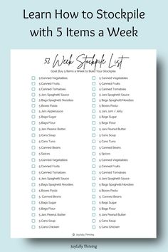 52 Week Food Stockpile Checklists | How to Stockpile Food for $5 a Week Stockpile List, Stockpile Food, Food Stockpile, Emergency Preparedness Food Storage, Survival Food Storage, Stock Pile, Emergency Preparedness Food, Emergency Prepardness, Emergency Food Storage