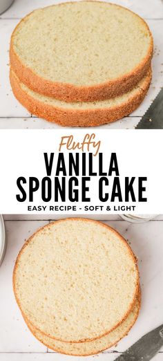 two slices of vanilla sponge cake sitting on top of each other with the title overlay