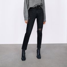 Black Zara Slim Ripped Jeans Cuffed Jeans, Acid Wash Jeans, Cropped Flare Jeans, Distressed Jean Shorts, Striped Jeans, Dark Blue Jeans, Printed Jeans, Black Denim Jeans, Zara Jeans