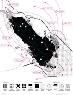 a black and white map with pink arrows pointing to different locations in the area on it