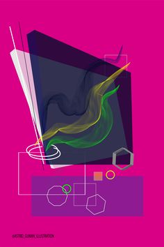 an abstract painting with lines and shapes in pink, purple, yellow and green colors