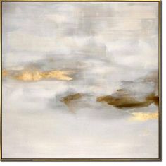 an abstract painting with gold and white colors on the bottom half of it, as well as some clouds in the background