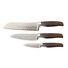 three knives with wooden handles on white background