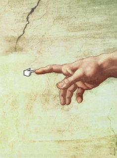 a painting of a hand pointing at something in the air with a finger on it