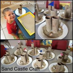 a collage of photos showing sand castle crafts