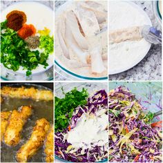 four different pictures showing the steps to make chicken wings with coleslaw and ranch dressing