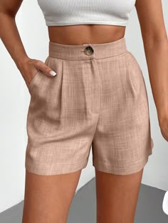 High Waist Plicated Detail Slant Pocket Shorts Apricot Casual   Woven Fabric Plain Straight Leg Non-Stretch  Women Clothing, size features are:Bust: ,Length: ,Sleeve Length: Classy High Waisted Shorts, High Waisted Pleated Shorts Pattern, Summer Linen Outfits, Linen Outfits, Mon Dressing, Youth Clothing, Shein Outfits, Style Goals, Shorts Outfits