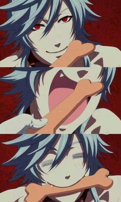 an anime character with blue hair and red eyes holding a bone in front of his mouth