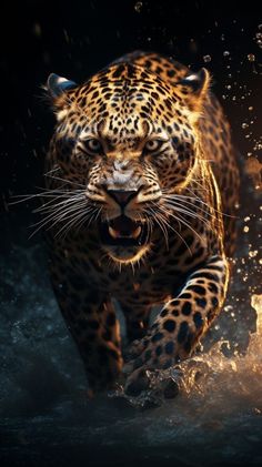 a leopard is running through the water with it's mouth open