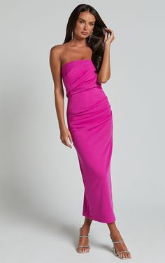 Calanthe Midi Dress - Strapless Tuck Detail Dress in Orchid | Showpo USA Fitted Strapless Pre-draped Maxi Dress, Pre-draped Ruched Strapless Dress For Party, Pre-draped Strapless Midi Dress For Formal Occasions, Dressy Strapless Ruched Dress, Strapless Dress With Straight Neckline For Prom, Ruched Draped Strapless Dress For Prom, Strapless Ruched Bodice Draped Dress For Party, Evening Strapless Bandeau Dress With Pleated Bodice, Evening Bandeau Strapless Dress With Pleated Bodice