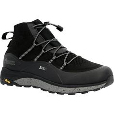 Tackle the trails in the Summit Elite R.A.K. 5 lace-up hiker boot. These black hiking boots will keep your feet dry and comfortable during hikes thanks to their flexible, durable, and waterproof construction.These hiking boots are constructed with premium waterproof technology. On the inside of the boot, eVent fabrics stop water from entering while still allowing moisture from sweat to escape. This is covered by durable waterproof full-grain leather that can handle wet conditions. A LITEBASE Vibram outsole will also help your feet get traction in wet and muddy environments.The Summit Elite hiking boot also features light and flexible cement construction as well as a lightweight, shock-absorbing EVA midsole and a fiberglass shank. Along with the Rocky Rebound footbed, these features will gi Black Hiking Boots, Rocky Boots, Snake Boots, Waterproof Hiking Boots, Outdoor Boots, Hiking Boot, Tall Boots, Hoka Running Shoes, Western Boots