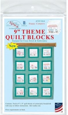 the quilt block pattern is shown in front of a blue background with an american flag on it