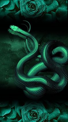 a green snake with roses in the background