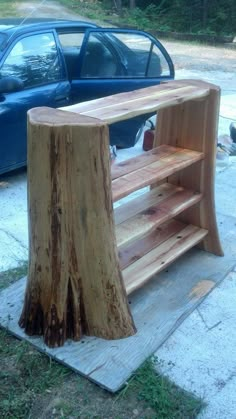 several different pictures of wooden furniture made out of logs and tree stumps, including a book shelf