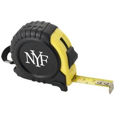 a measuring tape with the letter mf on it's side and a yellow handle