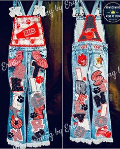 Homecoming Overalls Senior Diy, School Spirit Overalls Ideas, Overall Homecoming Ideas, Homecoming Jeans Ideas, Senior Painted Jeans, Painted Overalls, Senior Crown Ideas