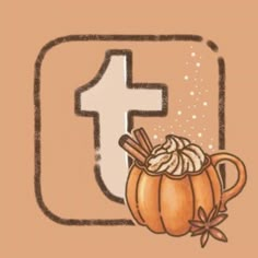 a drawing of a pumpkin mug with cinnamon in it and the letter f behind it