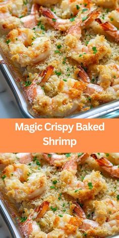 two pictures of shrimp baked in a casserole dish