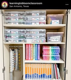 an organized closet filled with files, binders and other office supplies in clear storage bins