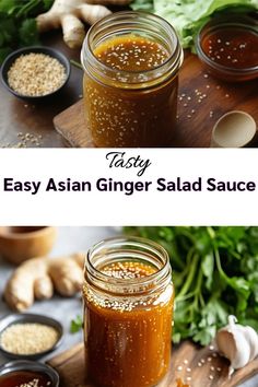 A jar of Easy Asian Ginger Salad Sauce on a wooden surface, surrounded by sesame seeds, ginger, and fresh greens. Asian Ginger Salad, Pickled Ginger Recipe, Asian Sesame Dressing, Sesame Salad Dressing, Soy Sauce Rice, Burger Sauces Recipe, Ginger Salad, Sesame Ginger Dressing, Sesame Dressing