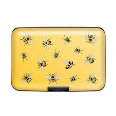 a yellow and black case with bees on the front is shown in full color print