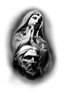 an image of the virgin mary and jesus in black and white on a white background