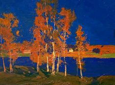 an oil painting of some trees by the water with orange leaves on them and blue sky in the background