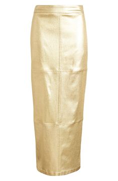 Prepare to shine in this sleek coated-twill maxi skirt designed in dazzling metallic shimmer. Unlined 95% rayon, 5% spandex Dry clean Made in the USA Gold Pencil Skirt For Night Out, Gold Chic Midi Skirt, Chic Gold Midi Skirt, Glamorous Gold Long Skirt, Glamorous Long Gold Skirt, Chic Metallic Shiny Skirt, Chic Gold Maxi Skirt, Chic Fitted Gold Maxi Skirt, Gold Long Skirt For Night Out