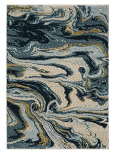 an abstract rug with blue, yellow and grey colors on it's surface in the shape of waves