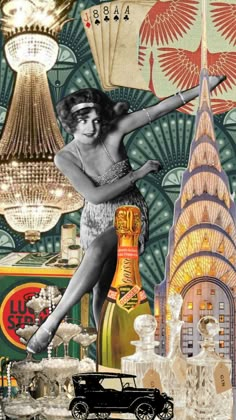 a collage of an art deco theme with a woman on top of a car