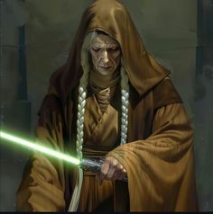 a painting of a person with a green light saber