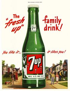 an advertisement for 7 up beer with people walking on the street in the background and one person standing next to it