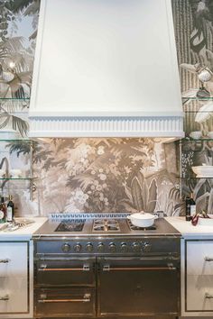 a stove top oven sitting inside of a kitchen next to a wallpapered backsplash