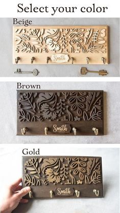 three different types of wooden nameplates with names on them and the words select your color