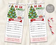 two christmas gift tags with the words be an angel and code to santa clause on them