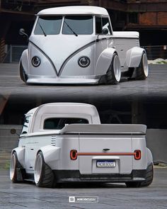 two pictures of an old white truck with chrome wheels and rims on the front