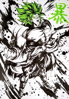 an ink drawing of a man with green hair and black pants, running through the air