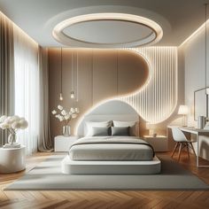 a modern bedroom with white furniture and wood flooring, along with a circular chandelier that hangs from the ceiling