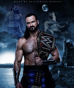 a man in kilts holding a wrestling belt and posing for the camera with an evil look on his face