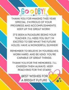 a colorful striped background with the words goodbye written in bold font and an image of a heart